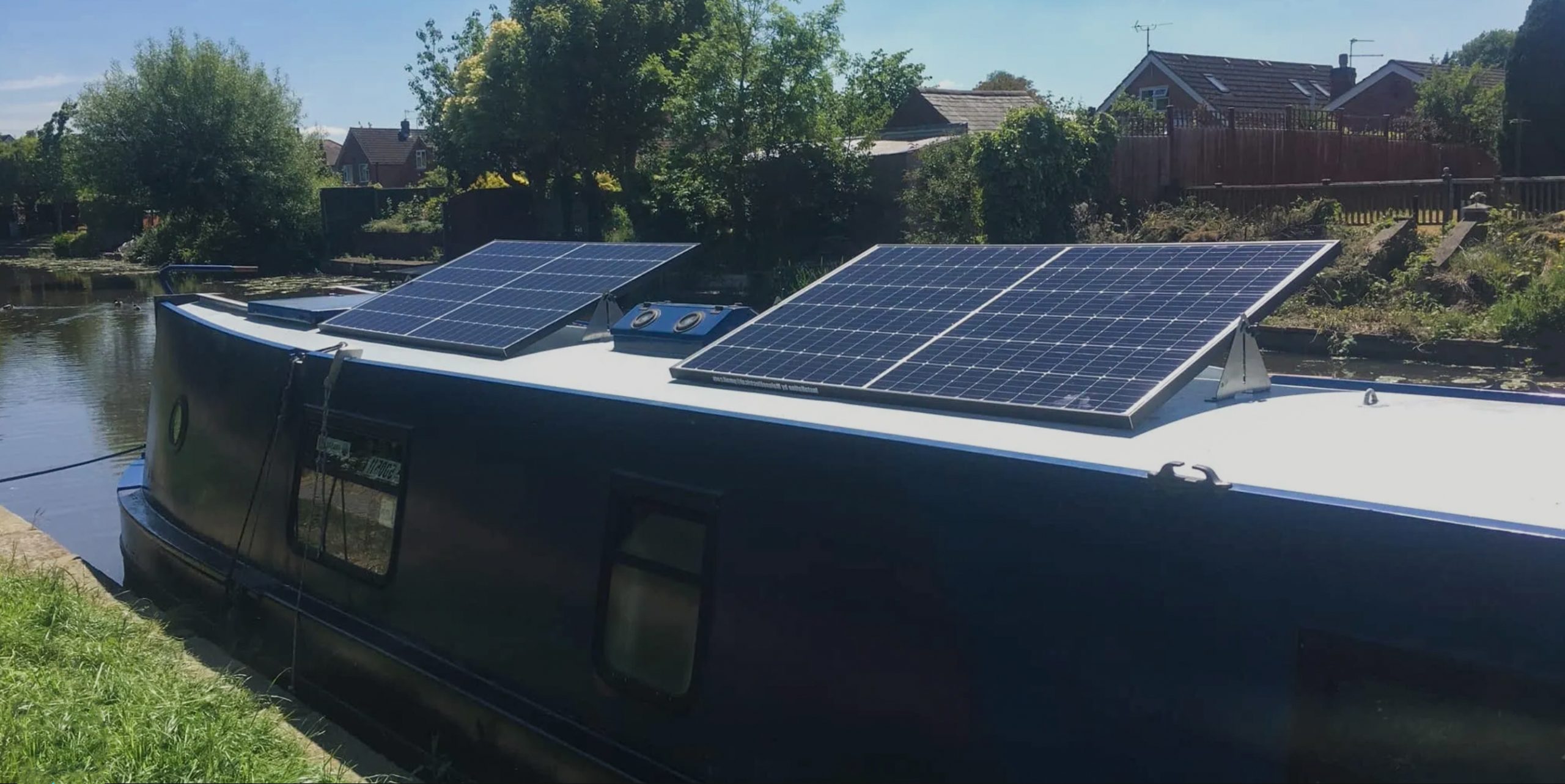 narrowboat with solar panels