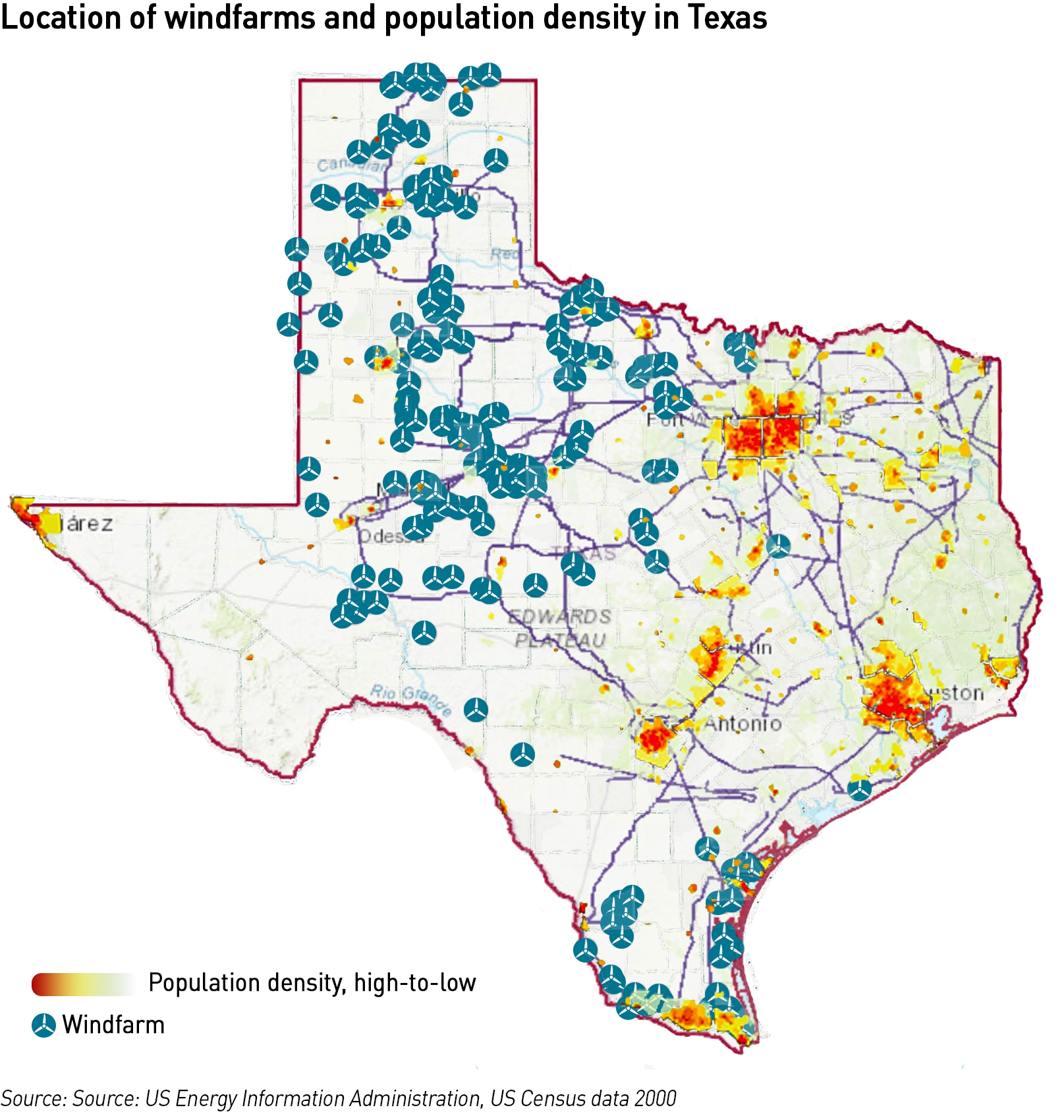 Location of windfarms in Texas