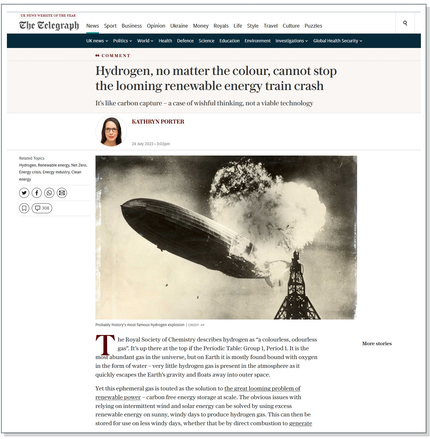 Telegraph hydrogen article