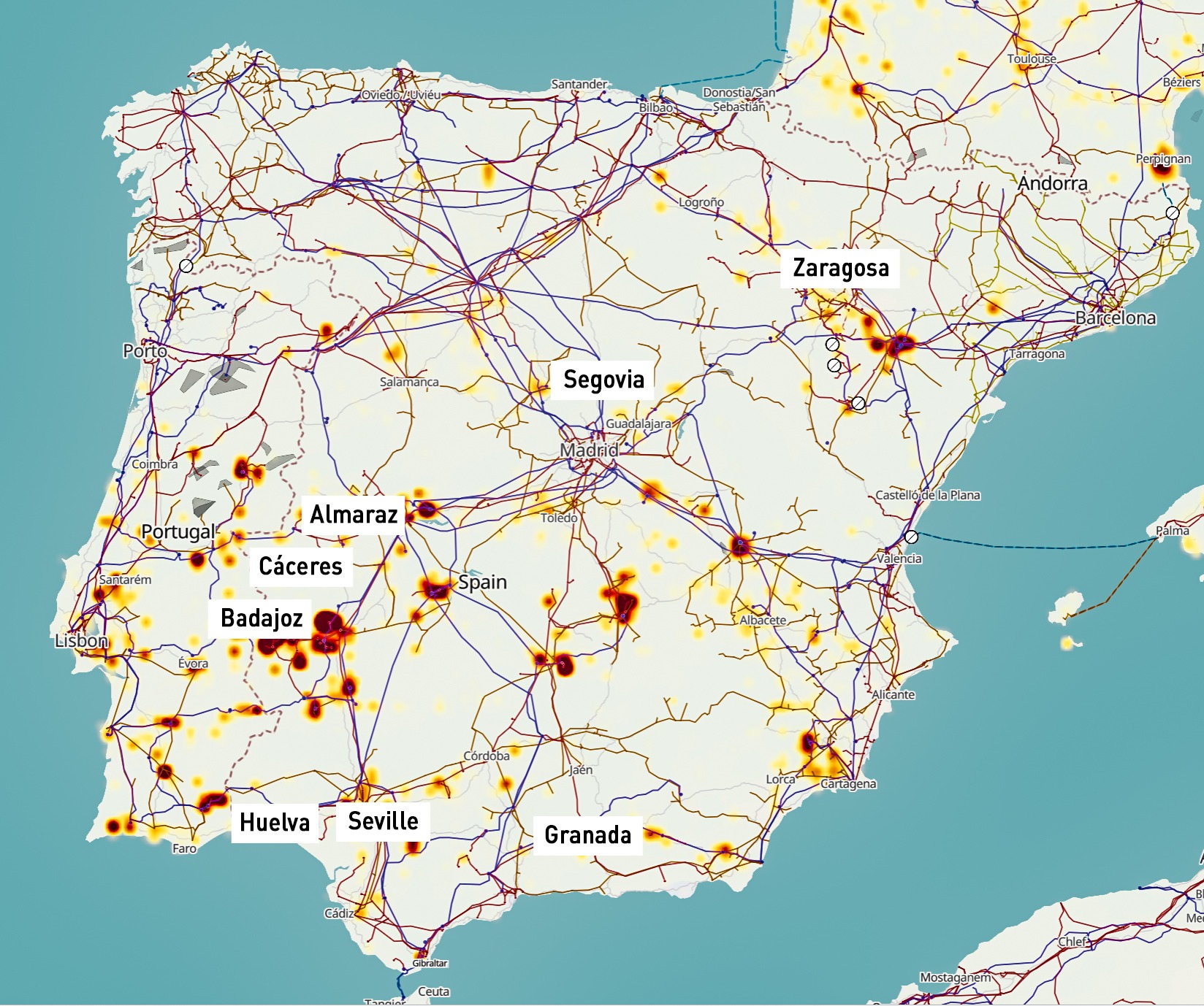 map showing key areas of importance in the Iberian blackout of 28 April 2025